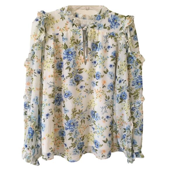 NWT Sugarlips Small Blue & Yellow Floral Ribboned Ruffled Long Sleeves Top - Picture 1 of 3
